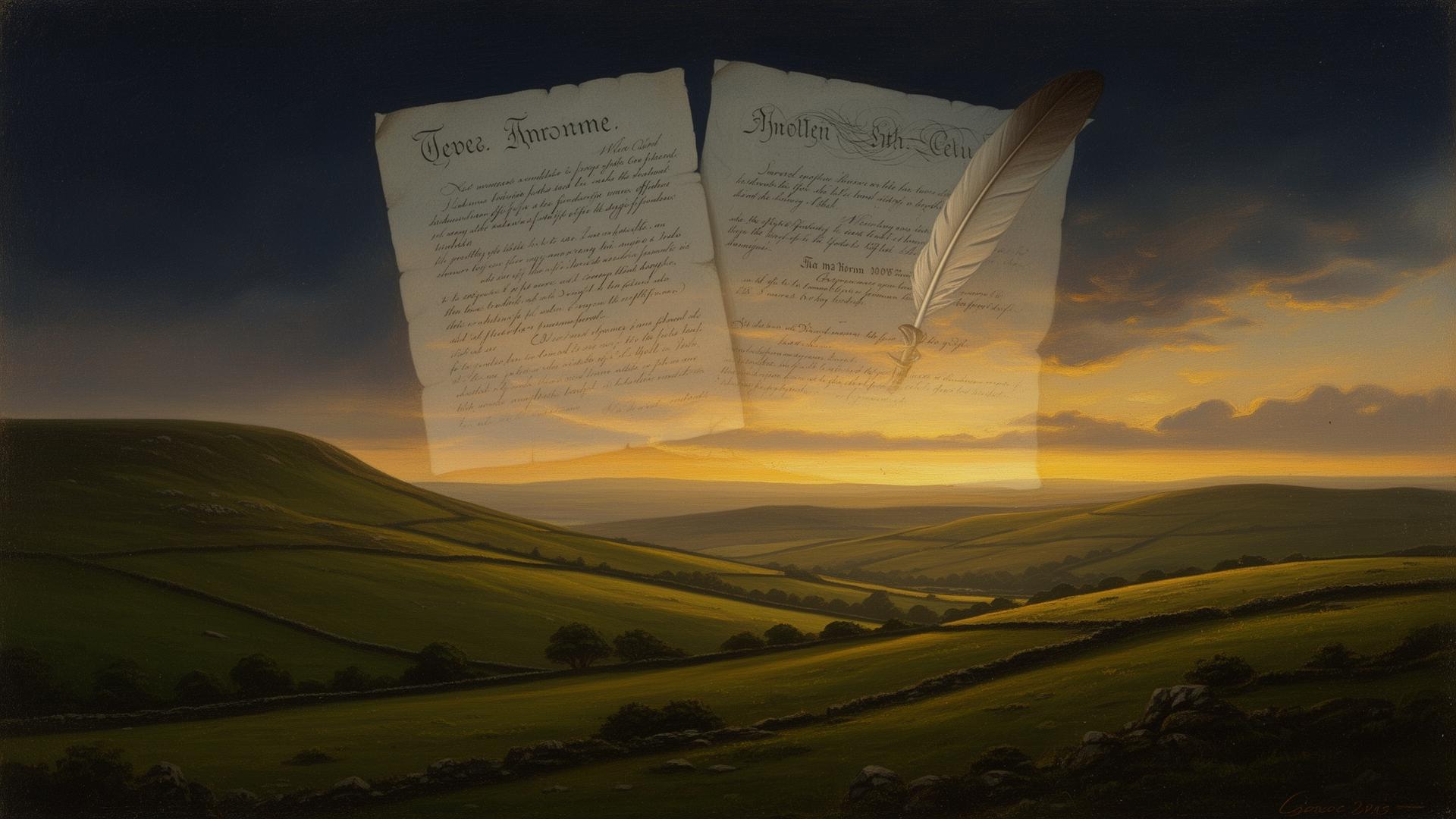 Rolling hills of County Antrim at golden hour with an overlaid 18th-century parchment and quill